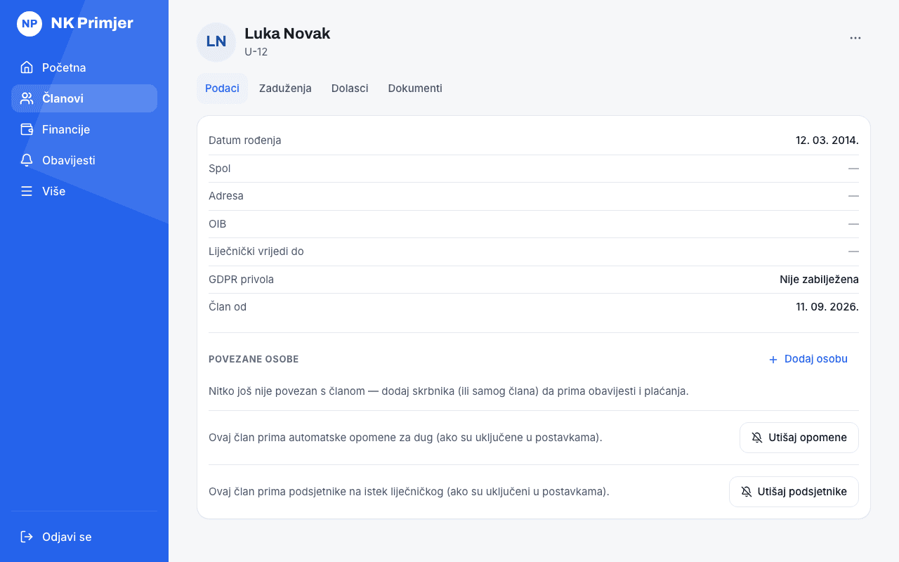 Novi član je upisan i otvoren je njegov profil