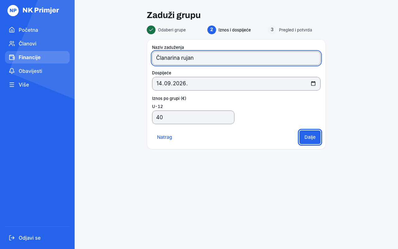 Provjeri iznos po grupi i nastavi gumbom Dalje