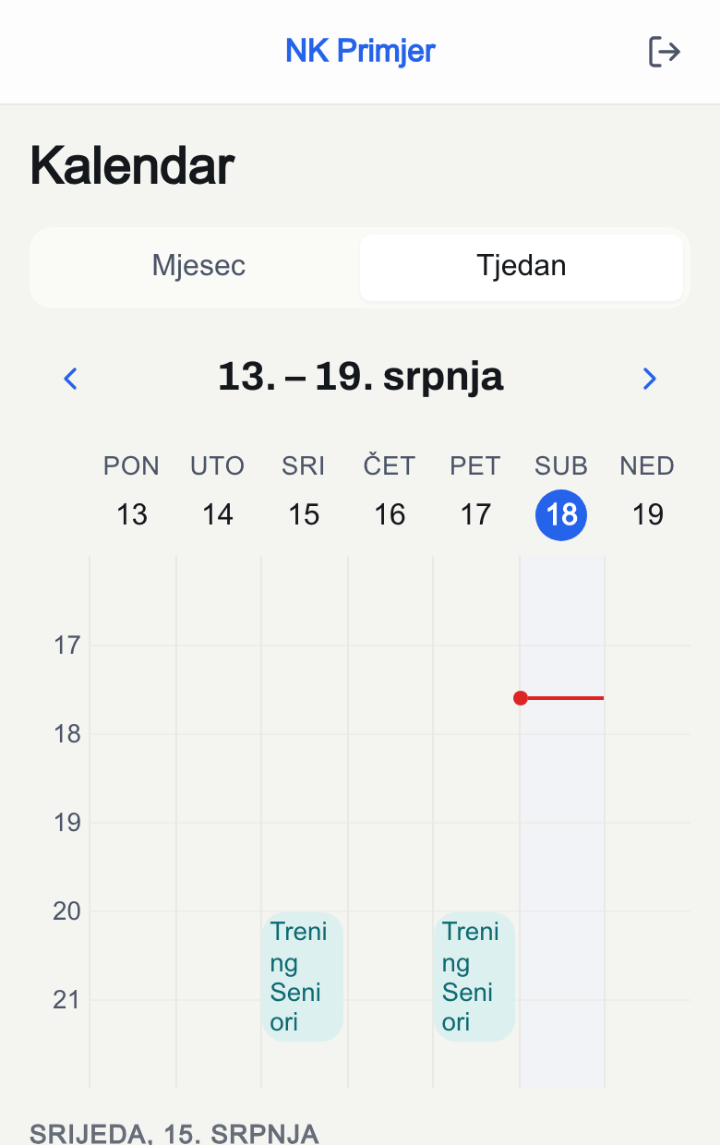 Tjedni kalendar člana seniorske grupe s dva termina treninga.