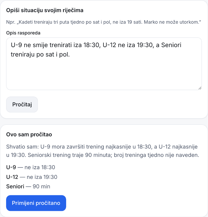 Korak 1 planera: upisana rečenica „U-9 ne smije trenirati iza 18:30, U-12 ne iza 19:30, a Seniori treniraju po sat i pol.” i ispod nje pravila koja je planer iz nje pročitao.