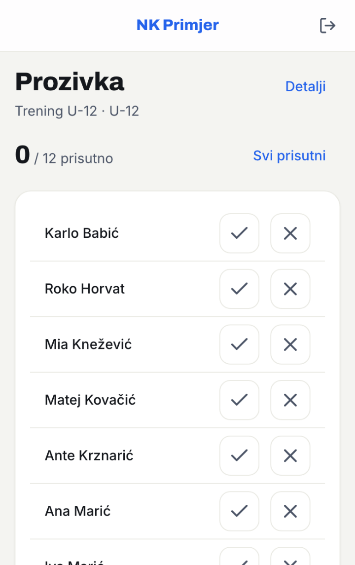 Prozivka prije početka treninga: 0 od 12 prisutno.