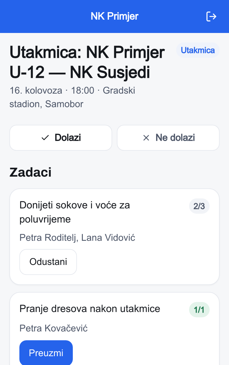 Detalj utakmice u aplikaciji: datum, vrijeme i stadion, gumbi Dolazi i Ne dolazi te popis zadataka uz utakmicu.